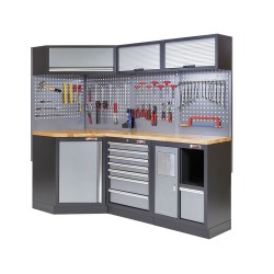 Complete werkplaatsinrichting, werkbank + hoekstuk met hardhouten werkblad, gereedschapskast, 223 x 200 cm