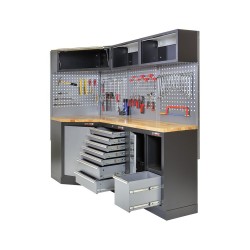 Complete werkplaatsinrichting, gevulde gereedschapskast, werkbank + hoekstuk met hardhouten werkblad, 223 x 200 cm