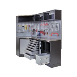 Complete werkplaatsinrichting, gevulde gereedschapskast, werkbank + hoekstuk met metaal omkleed werkblad, 223 x 200 cm