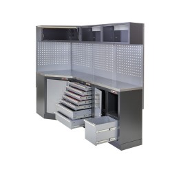 Complete werkplaatsinrichting, gevulde gereedschapskast, werkbank + hoekstuk met metaal omkleed werkblad, 223 x 200 cm