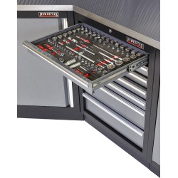 Complete werkplaatsinrichting, gevulde gereedschapskast, werkbank + hoekstuk met metaal omkleed werkblad, 223 x 200 cm