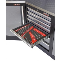 Complete werkplaatsinrichting, gevulde gereedschapskast, werkbank + hoekstuk met metaal omkleed werkblad, 223 x 200 cm