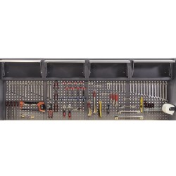 Complete Werkplaatsinrichting, werkbank met metaal omkleed blad, gereedschapskast, gereedschapsbord, 17 laden, 392 x 200 cm. Complete Werkplaatsinrichting, werkbank met metaal omkleed blad, gereedschapskast, gereedschapsbord, 17 laden, 392 x 200 cm.