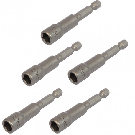 Set van 5 dop bit adapters 1/4" sleutelwijdte 8 mm. lengte 65 mm. - magnetische adapter voor boormachine