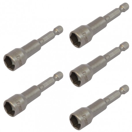 Set van 5 dop bit adapters 1/4" sleutelwijdte 12 mm. lengte 65 mm. - magnetische adapter voor boormachine