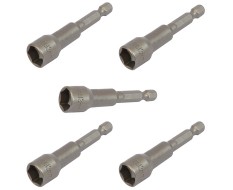 Set van 5 dop bit adapters 1/4" sleutelwijdte 13 mm. lengte 65 mm. - magnetische adapter voor boormachine