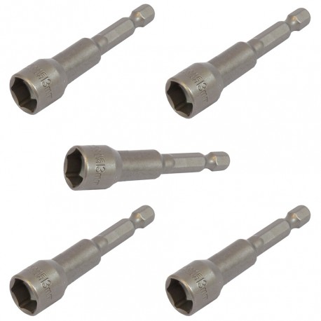 Set van 5 dop bit adapters 1/4" sleutelwijdte 13 mm. lengte 65 mm. - magnetische adapter voor boormachine