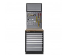 Werkplaatskast met zeven laden, hardhouten werkblad + gereedschapsbord en hangkast - 68 x 46 x 200 cm