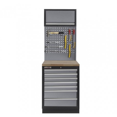 Werkplaatskast met zeven laden, hardhouten werkblad + gereedschapsbord en hangkast - 68 x 46 x 200 cm