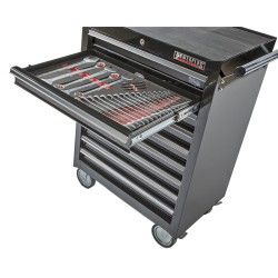 Gevulde gereedschapswagen zwart,  waarvan 9 laden gevuld met gereedschap in foam inleg