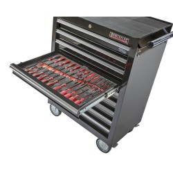 Gevulde gereedschapswagen zwart,  waarvan 9 laden gevuld met gereedschap in foam inleg