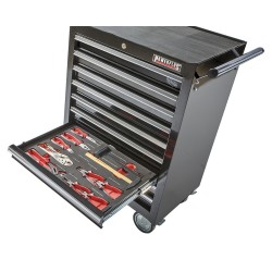 Gevulde gereedschapswagen zwart,  waarvan 9 laden gevuld met gereedschap in foam inleg