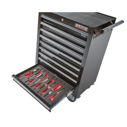 Gevulde gereedschapswagen zwart,  waarvan 9 laden gevuld met gereedschap in foam inleg