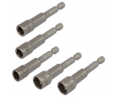 Set van 5 dop bit adapters 1/4" sleutelwijdte 8, 10, 11, 12 en 13 mm. lengte 65 mm. - magnetische adapter voor boormachine