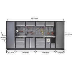 Complete Werkplaatsinrichting, werkbank met metaal omkleed blad, gereedschapskast, gereedschapsbord, 10 laden, 392 x 200 cm. Complete Werkplaatsinrichting, werkbank met metaal omkleed blad, gereedschapskast, gereedschapsbord, 10 laden, 392 x 200 cm.