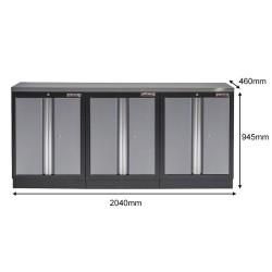 Werkbank set met metaal omkleed blad en 3 werkplaatskasten - 204 x 46 x 94,6 cm