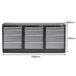 Werkbank set met metaal omkleed blad - 12 laden - 204 x 46 x 94,6 cm