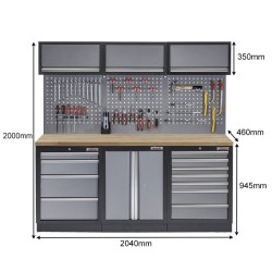 Werkbank set met gereedschapswand, werkplaatsinrichting, gereedschapsbord, 3 x hangkast en 11 laden - 204 x 46 x 200 cm