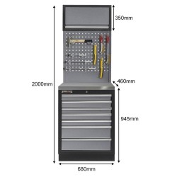 Werkplaatskast met zeven laden, metaal omkleed werkblad + gereedschapsbord en hangkast - 68 x 46 x 200 cm Werkplaatskast met zeven laden, metaal omkleed werkblad + gereedschapsbord en hangkast - 68 x 46 x 200 cm