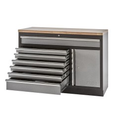 Werkplaatskast / werkbank met 7 laden + draaideurkast met hardhouten werkblad - 136 x 46 x 94,8 cm
