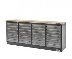 Professionele werkbank – montagetafel 215 x 70 x 95 cm. met 24 laden en hardhouten werkblad