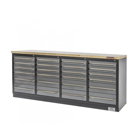 Professionele werkbank – montagetafel 215 x 70 x 95 cm. met 24 laden en hardhouten werkblad