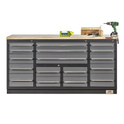 Professionele werkbank – montagetafel 183 x 70 x 95 cm. met 17 laden en hardhouten werkblad