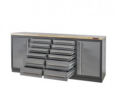 Professionele werkbank – montagetafel 215 x 70 x 95 cm. met 12 laden, 2 gereedschapskasten en hardhouten werkblad