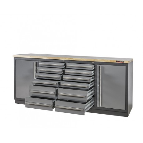 Professionele werkbank – montagetafel 215 x 70 x 95 cm. met 12 laden, 2 gereedschapskasten en hardhouten werkblad