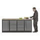 Professionele werkbank – montagetafel 215 x 70 x 95 cm. met 12 laden, 2 gereedschapskasten en hardhouten werkblad