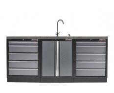 Werkbank set met MDF werkblad met RVS plaat omkleed - 10 laden - 204 x 46 x 94,6 cm. Werkbank met laden - ladenblok