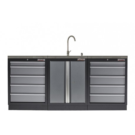 Werkbank set met MDF werkblad met RVS plaat omkleed - 10 laden - 204 x 46 x 94,6 cm. Werkbank met laden - ladenblok