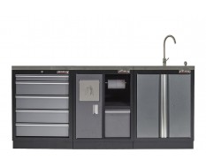 Werkbank set met MDF werkblad met RVS plaat omkleed - 6 laden - 204 x 46 x 94,6 cm. Werkbank met laden - ladenblok
