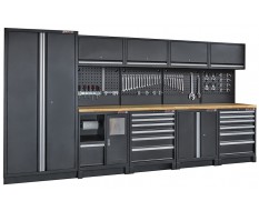 Complete werkplaatsinrichting mat zwart, werkbank + hardhouten blad, gereedschapskast, 12 laden, 379,5 x 200 cm