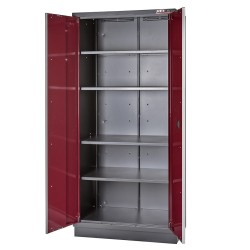 Complete werkplaatsinrichting, werkbank RVS blad, gereedschapskast, gereedschapsborden, 4 x hangkast,12 laden, 379,5 x 200 cm