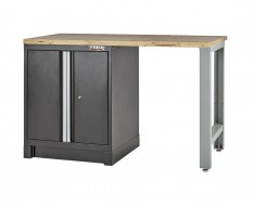 Heavy Duty werkbank met hardhouten werkblad, grijs pootstel en werkplaatskast zwart - 144 x 60 x 94 cm