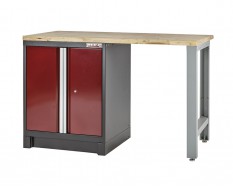 Heavy Duty werkbank met hardhouten werkblad, grijs pootstel en werkplaatskast donkerrood - 144 x 60 x 94 cm