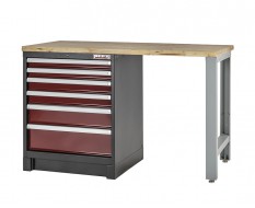 Heavy Duty werkbank met hardhouten werkblad. grijs pootstel en laden blok donkerrood - 144 x 60 x 94 cm