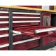 Complete werkplaatsinrichting, werkbank houten blad, gereedschapskast, gereedschapsbord, 4 x hangkast,12 laden, 379,5 x 200 cm