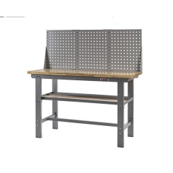 Werkbank grijs 150 cm met hardhouten blad + gereedschapskist en grijs gereedschapsbord