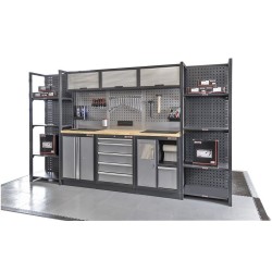 Complete Werkplaatsinrichting, werkbank houten blad, gereedschapskast, Magazijnstelling, 3 x hangkast, 5 laden, 342 x 200 cm