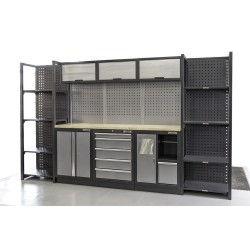 Complete Werkplaatsinrichting, werkbank houten blad, gereedschapskast, Magazijnstelling, 3 x hangkast, 5 laden, 342 x 200 cm
