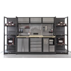 Complete Werkplaatsinrichting, Werkbank set, gereedschapskast, Magazijnstelling, 3 x hangkast, 5 laden, 342 x 200 cm