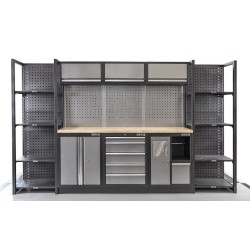 Complete Werkplaatsinrichting, Werkbank set, gereedschapskast, Magazijnstelling, 3 x hangkast, 5 laden, 342 x 200 cm