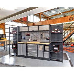 Complete Werkplaatsinrichting, werkbank houten blad, gereedschapskast, Magazijnstelling, 3 x hangkast, 5 laden, 342 x 200 cm