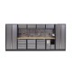 Complete Werkplaatsinrichting, werkbank houten blad, gereedschapskast, gereedschapsbord, 4 x hangkast,19 laden, 455 x 200 cm.