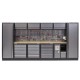 Complete Werkplaatsinrichting, werkbank houten blad, gereedschapskast, gereedschapsbord, 4 x hangkast,21 laden, 392 x 200 cm.