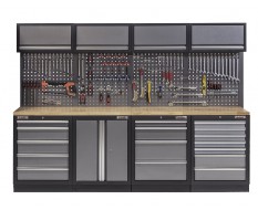 Werkbank set met hardhouten werkblad, gereedschapskast, gereedschapsbord, bovenkasten - 19 laden - 272 x 46 x 94,5 / 199,5 cm