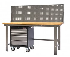 Werkbank grijs 200 cm met hardhouten blad + gereedschapswagen en grijs gereedschapsbord