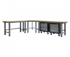 Werkbank hoekopstelling - Hoek werkbank 310 cm x 260 cm grijs met hardhouten blad en 2 gereedschapswagens